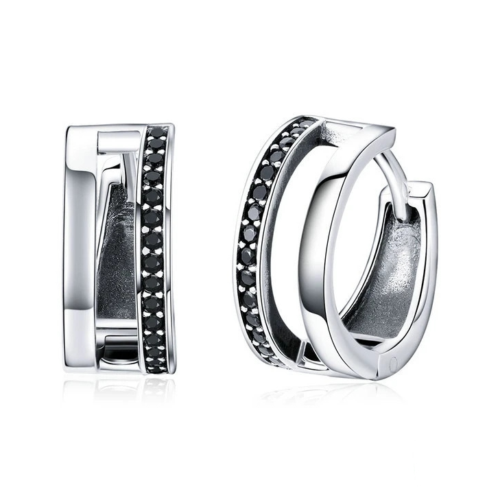 Boucles d’Oreilles Créoles Double <titolo_esteso><span>en argent 925 plaqué or blanc avec zircons noirs</span></titolo_esteso>