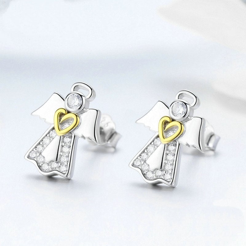 Boucles d'oreilles Ange Gardien <titolo_esteso><span>en argent 925 avec pavé de zircons blancs et cœur plaqué or jaune</span></titolo_esteso> - Image 4