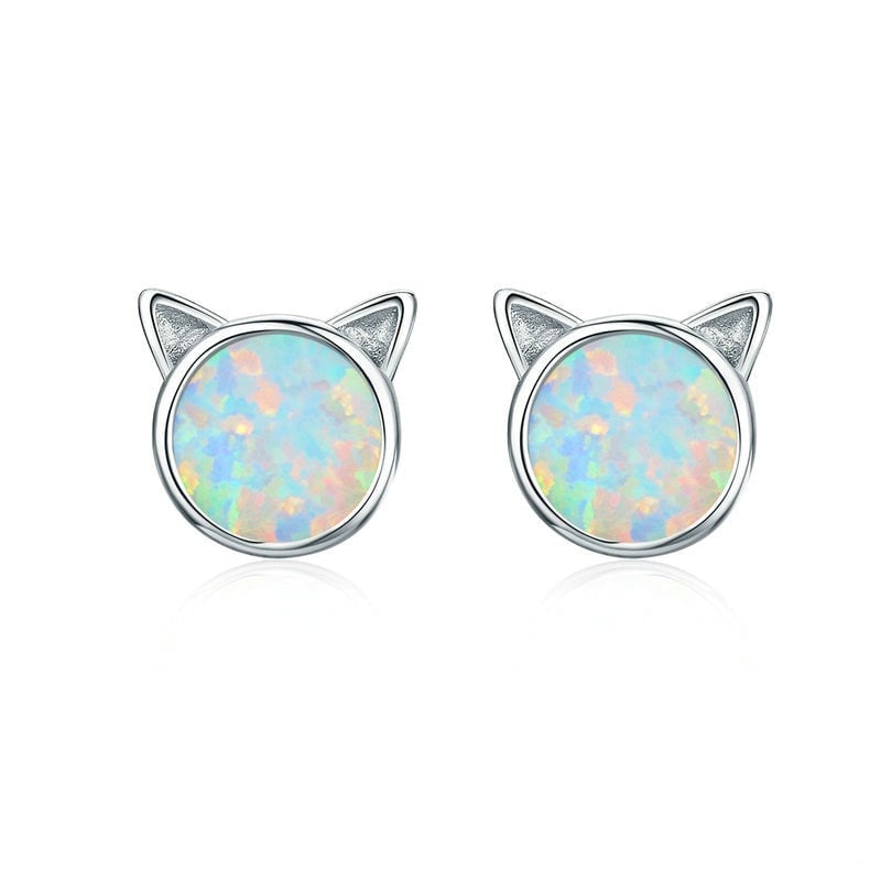 Boucles d'Oreilles Chats <titolo_esteso><span>en argent 925 plaqué or blanc avec opales</span></titolo_esteso>