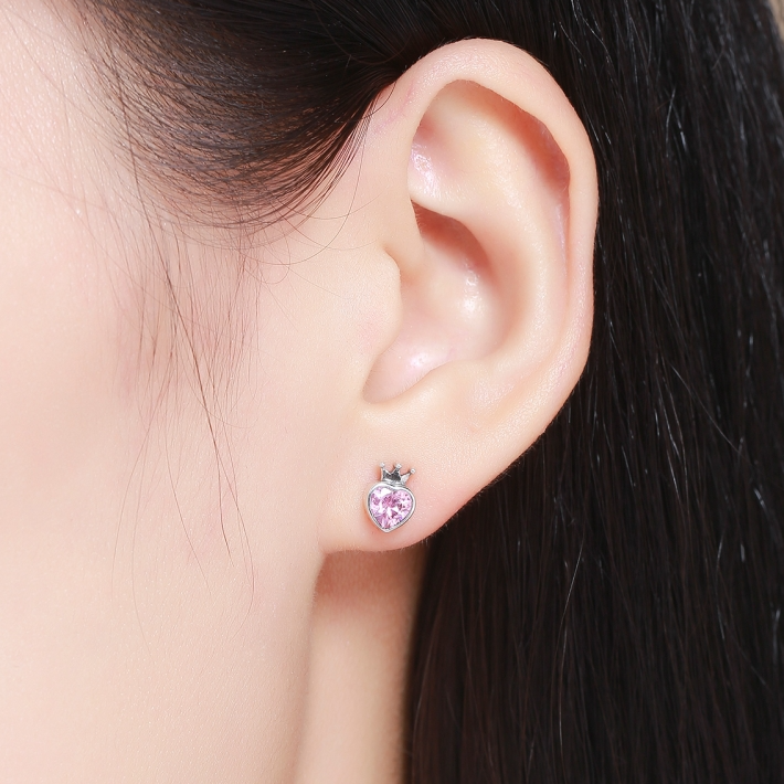 Boucles d'Oreilles Coeurs <titolo_esteso><span>en argent 925 plaqué or blanc avec zircons roses</span></titolo_esteso> - Image 2