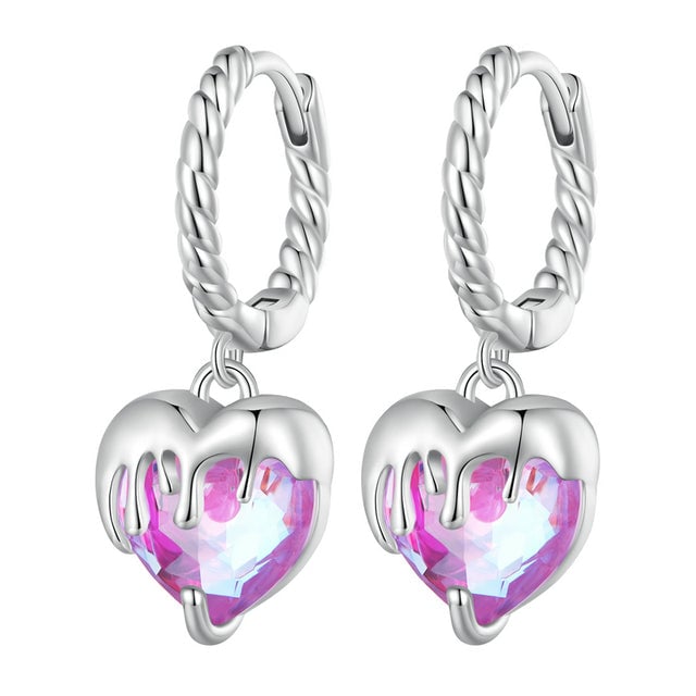 Boucles d'Oreilles Créoles Pendentif Coeurs <titolo_esteso><span>en argent 925 plaqué or blanc avec zircons roses</span></titolo_esteso>
