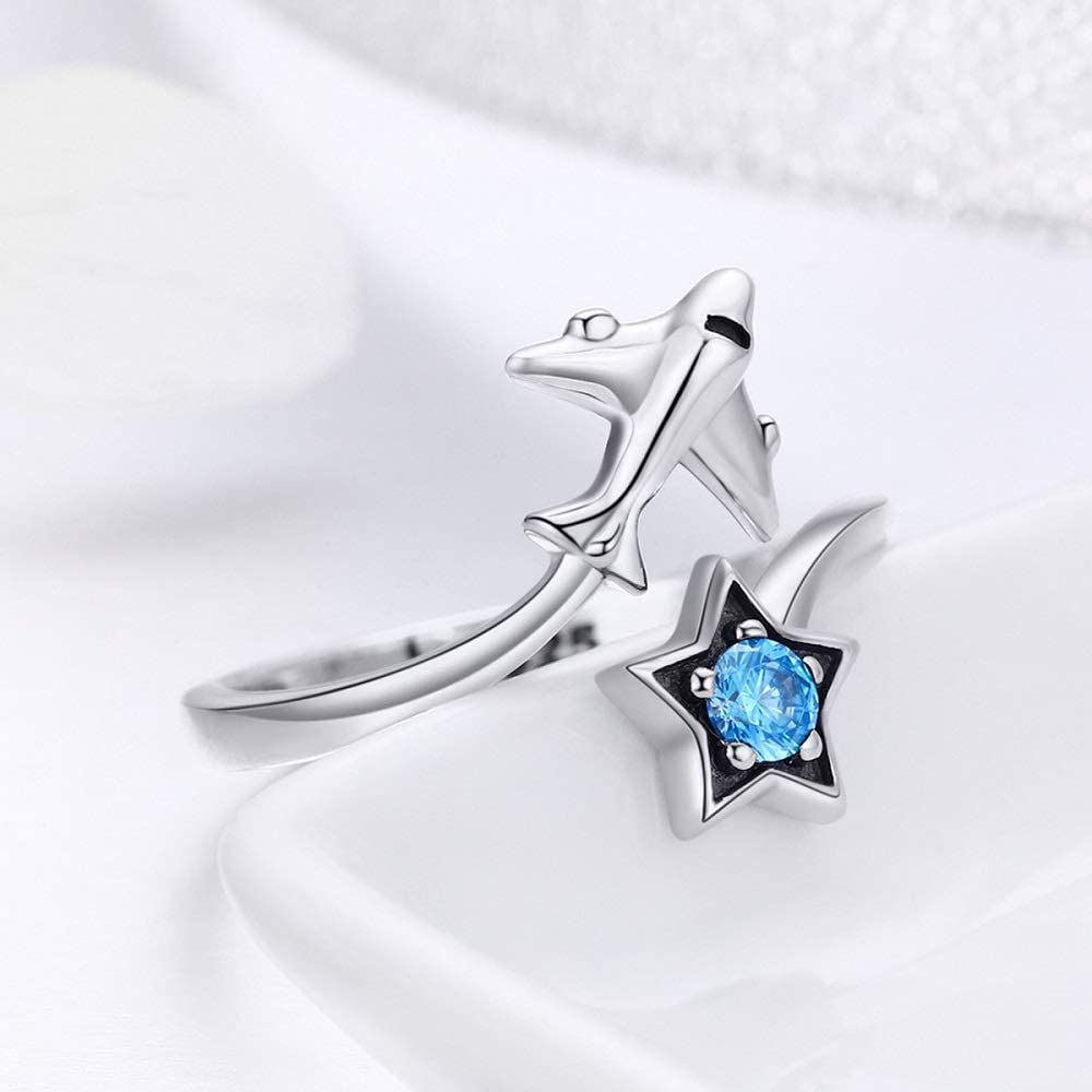 Bague Avion et Étoile <titolo_esteso><span>en argent 925 plaqué or blanc ajustable avec zircon bleu</span></titolo_esteso> - Image 4