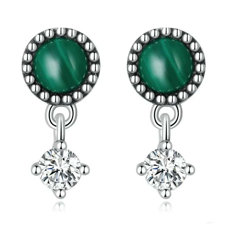 Boucles d'Oreilles Malachite <titolo_esteso><span>en argent 925 plaqué or blanc avec zircons blancs</span></titolo_esteso>