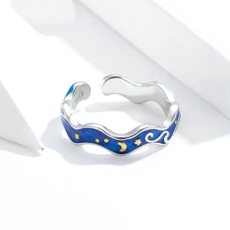 Bague Ciel Étoilé <titolo_esteso><span>en argent 925 plaqué or blanc ajustable émaillées bleu et or</span></titolo_esteso> - Image 4