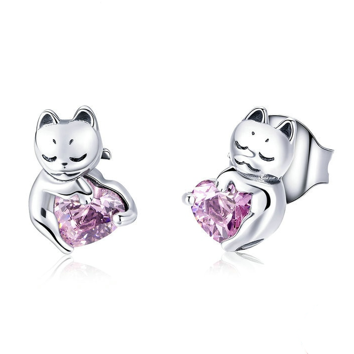Boucles d'Oreilles Chat avec Coeurs <titolo_esteso><span>en argent 925 plaqué or blanc avec zircons roses</span></titolo_esteso>