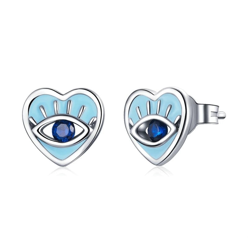 Boucles d'Oreilles Yeux Protecteurs <titolo_esteso><span>en argent 925 plaqué or blanc émaillé à la main avec zircons bleus</span></titolo_esteso>
