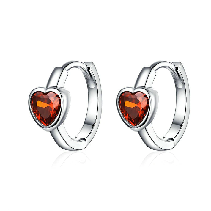 [OOS] Boucles d’Oreilles Créoles Coeurs en argent 925 plaqué or blanc avec zircons rouges