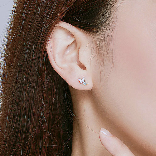 Boucles d’Oreilles Papillons Brillants <myopt><span>Puces en Argent Sterling 925 plaqué or blanc avec des zircons blancs</span></myopt> - Image 2