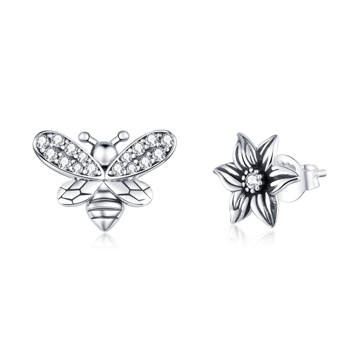 Boucles d'Oreilles Abeille et Fleur <titolo_esteso><span>en argent 925 plaqué or blanc avec zircons blancs</span></titolo_esteso>