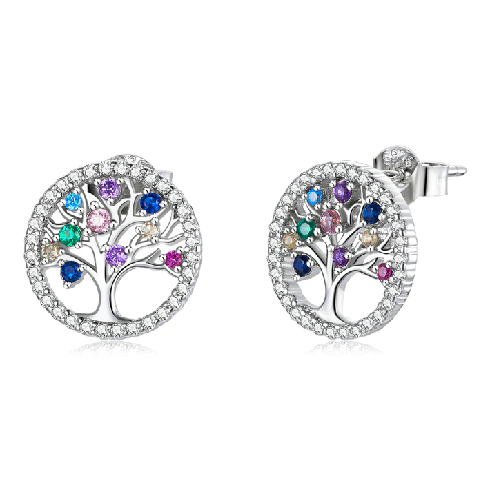 Boucles d’Oreilles Arbre de Vie <myopt><span>Puces en Argent Sterling 925 plaqué or blanc avec pavé de zircons colorés</span></myopt>