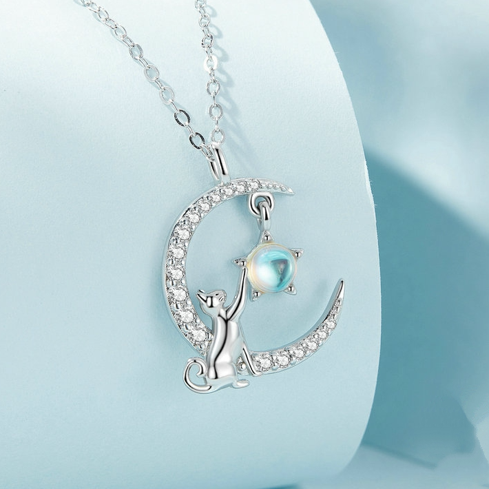 Collier Lune avec Chat et Étoile <myopt><span>Argent Sterling 925 plaqué or blanc avec pavé de zircons blancs et pierre de lune</span></myopt> - Image 2