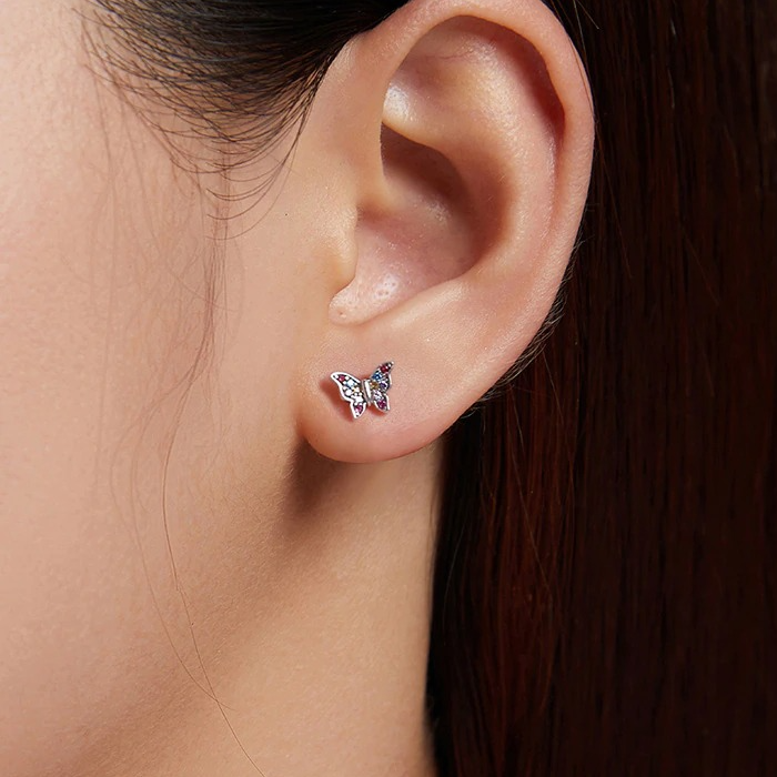Boucles d'Oreilles Papillons <titolo_esteso><span>en argent 925 plaqué or blanc avec zircons colorés</span></titolo_esteso> - Image 2