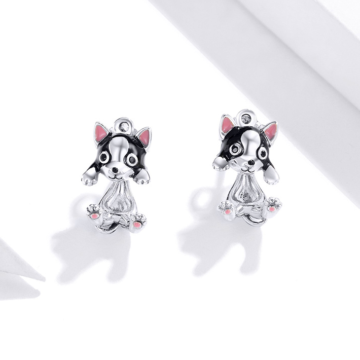 Boucles d'Oreilles Bouledogue Français <titolo_esteso><span>en argent 925 plaqué or blanc émaillé à la main</span></titolo_esteso> - Image 3