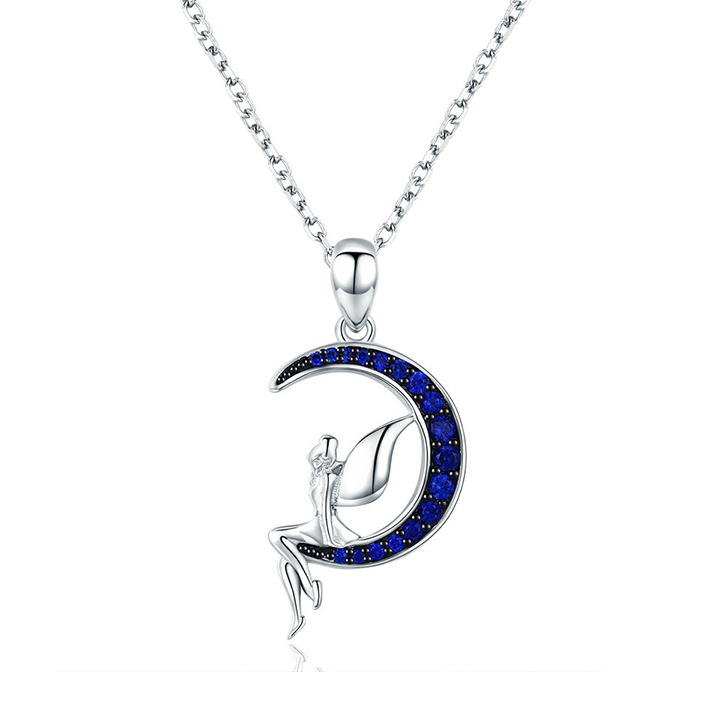 Collier Fée sur la Lune <myopt><span>Argent sterling 925 plaqué or blanc avec zircons bleus et fermoir ajustable</span></myopt>