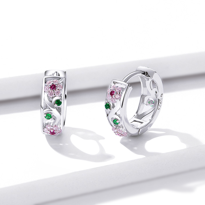 Boucles d’Oreilles Créoles Fleurs Brillantes <myopt><span>Argent Sterling 925 plaqué or blanc avec zircons colorés</span></myopt> - Image 4