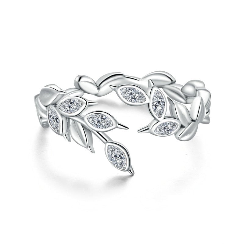 Bague Feuilles <titolo_esteso><span>en argent 925 plaqué or blanc ajustable avec zircons blancs</span></titolo_esteso>