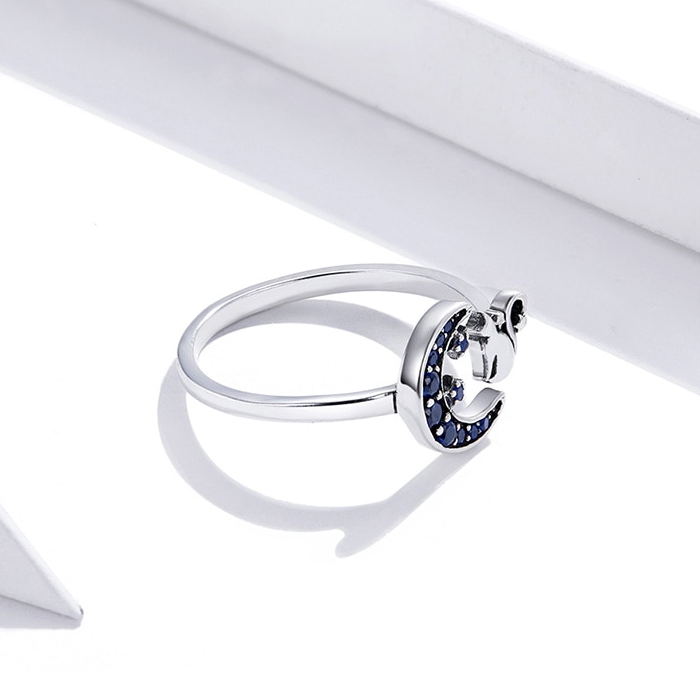 Bague Chat avec Lune <titolo_esteso><span>en argent 925 plaqué or blanc ajustable avec zircons bleus</span></titolo_esteso> - Image 5