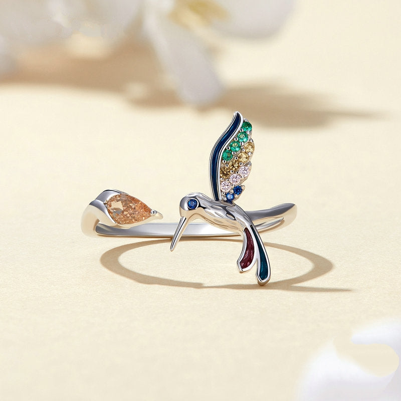 Bague Colibri <titolo_esteso><span>en argent 925 plaqué or blanc ajustable avec zircons colorés</span></titolo_esteso> - Image 4