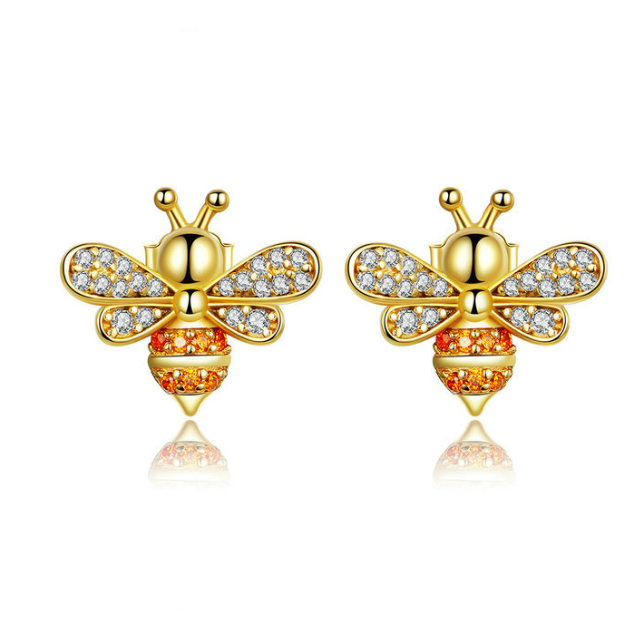 Boucles d'Oreilles Abeilles Brillantes <titolo_esteso><span>en argent 925 plaqué or jaune avec zircons blancs et oranges</span></titolo_esteso>