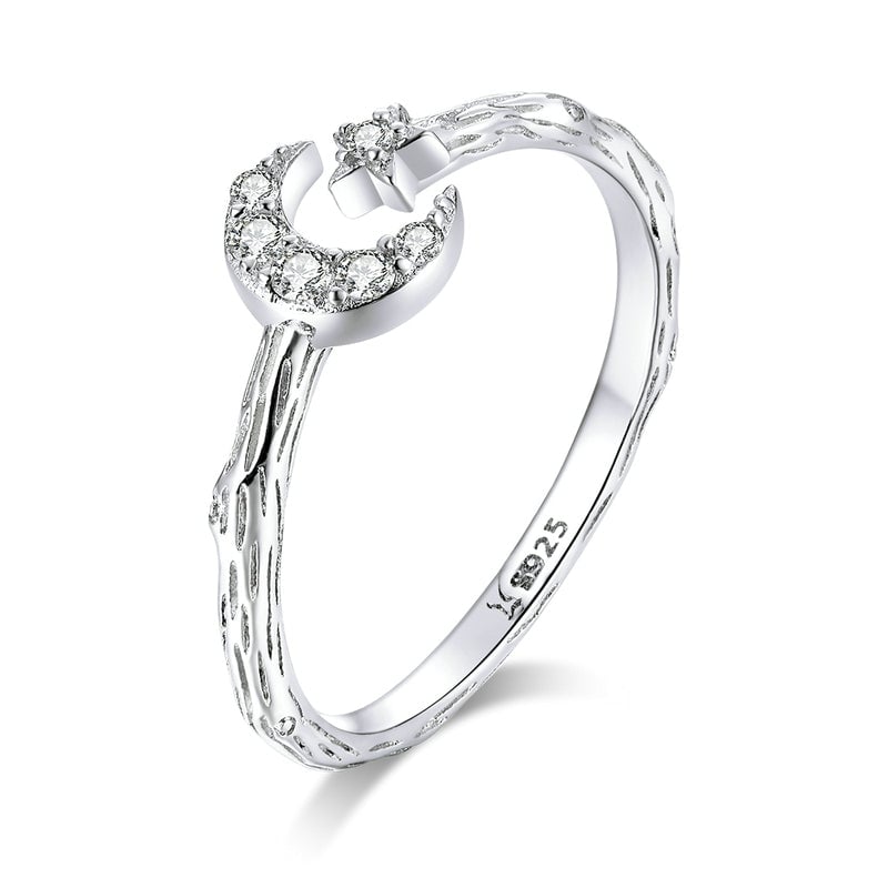 Bague Lune et Étoile Comète <titolo_esteso><span>en argent 925 plaqué or blanc ajustable avec zircons blancs</span></titolo_esteso>