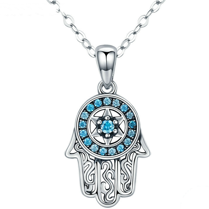 Collier Hamsa Brillant <myopt><span>Argent Sterling 925 plaqué or blanc avec zircons bleus</span></myopt>