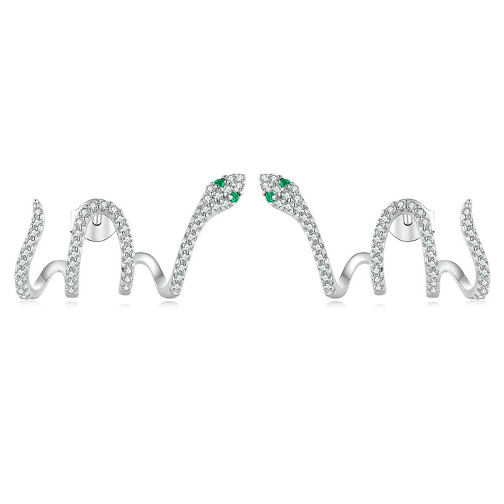 Boucles d'Oreilles Serpents Brillantes <titolo_esteso><span>en argent 925 plaqué or blanc avec zircons blancs et verts</span></titolo_esteso>