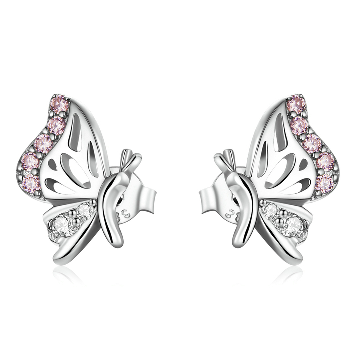 Boucles d'Oreilles Papillons <titolo_esteso><span>en argent 925 plaqué or blanc avec zircons roses et blancs</span></titolo_esteso>