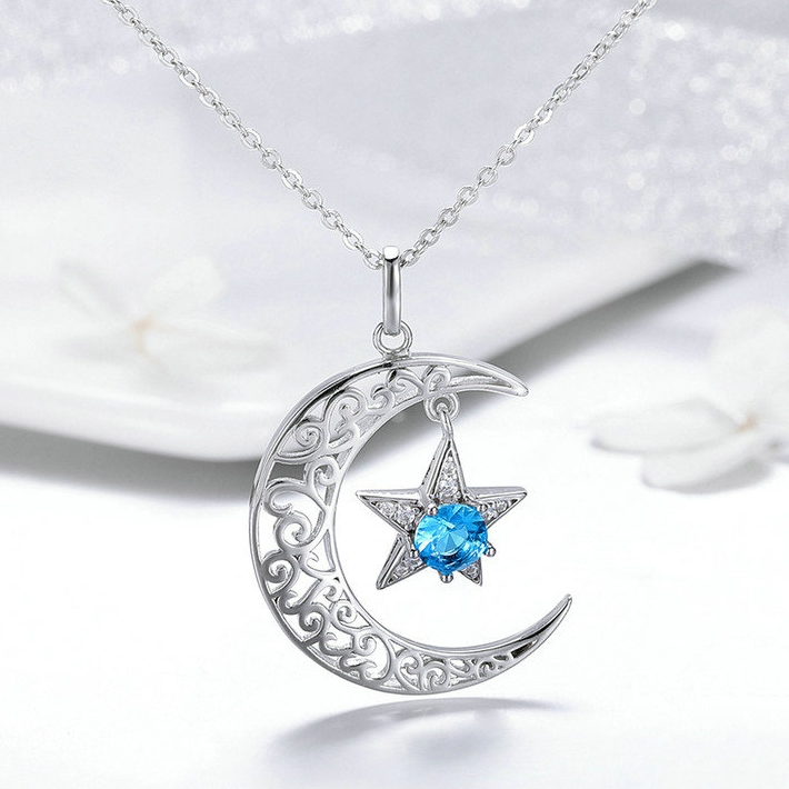 Collier Lune et Étoile <myopt><span>Argent Sterling 925 plaqué or blanc avec zircons blancs et bleus</span></myopt> - Image 3