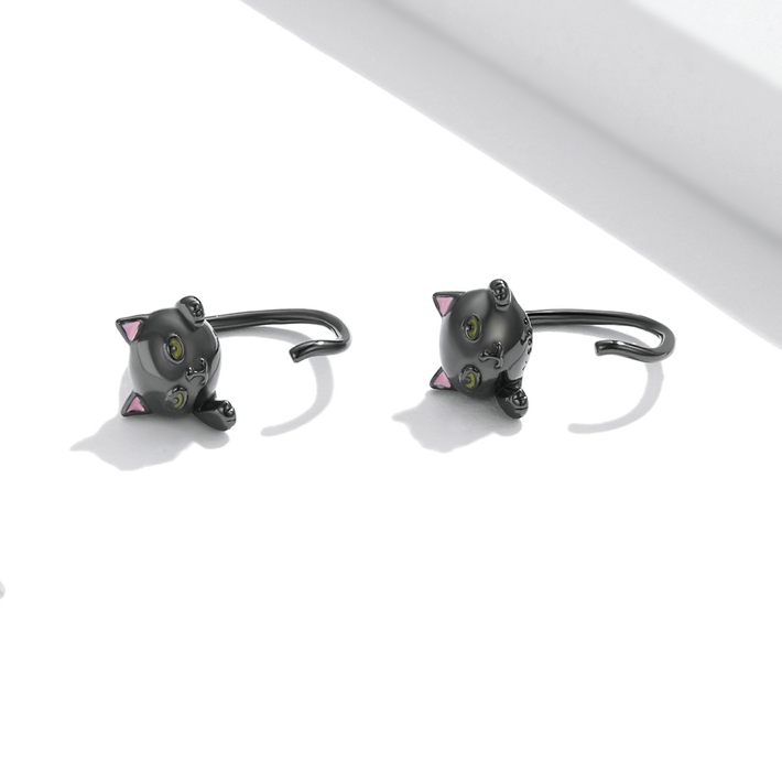 Boucles d’Oreilles Chat Noir <myopt><span>Argent Sterling 925 plaqué noir avec des détails émaillés</span></myopt> - Image 3