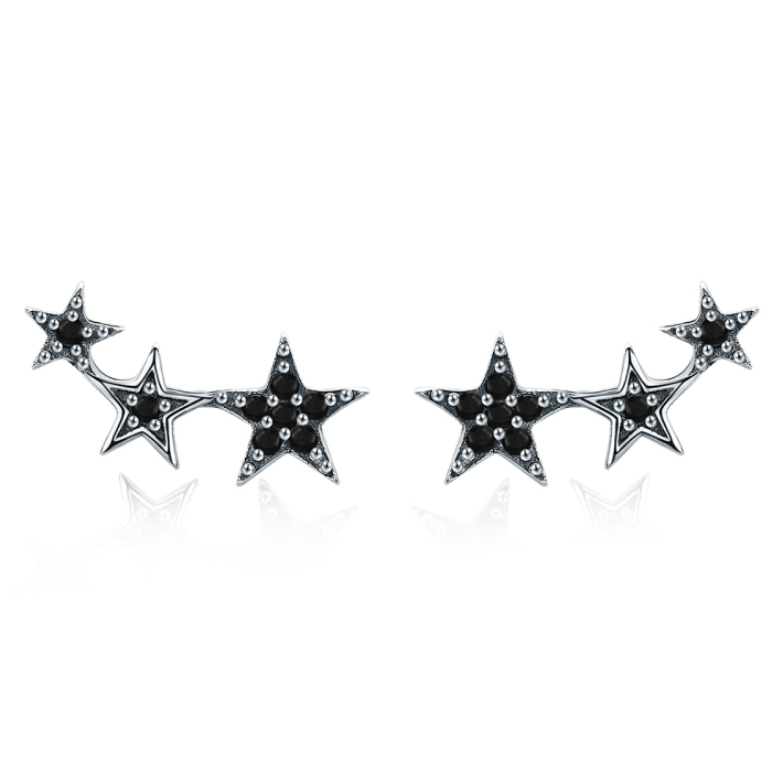 Boucles d’Oreilles Étoiles Noires <myopt><span>Puces en Argent Sterling 925 plaqué or blanc avec pavé de zircons noirs</span></myopt>