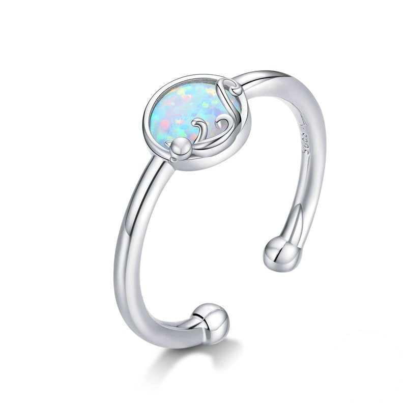 Bague Opale avec Chat Rêveur <titolo_esteso><span>en argent 925 plaqué or blanc ajustable</span></titolo_esteso>
