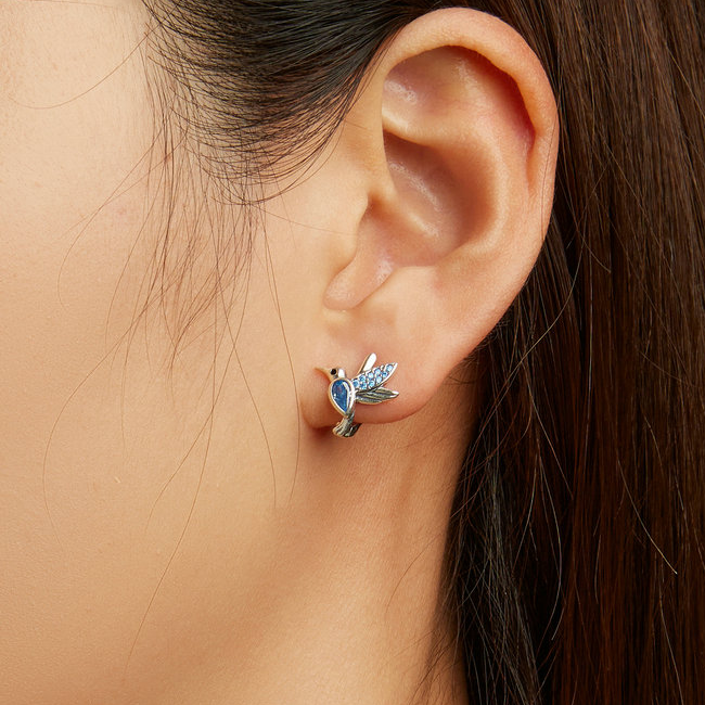 Boucles d'Oreilles Petits Oiseaux <titolo_esteso><span>en argent 925 plaqué or blanc avec zircons bleus</span></titolo_esteso> - Image 2