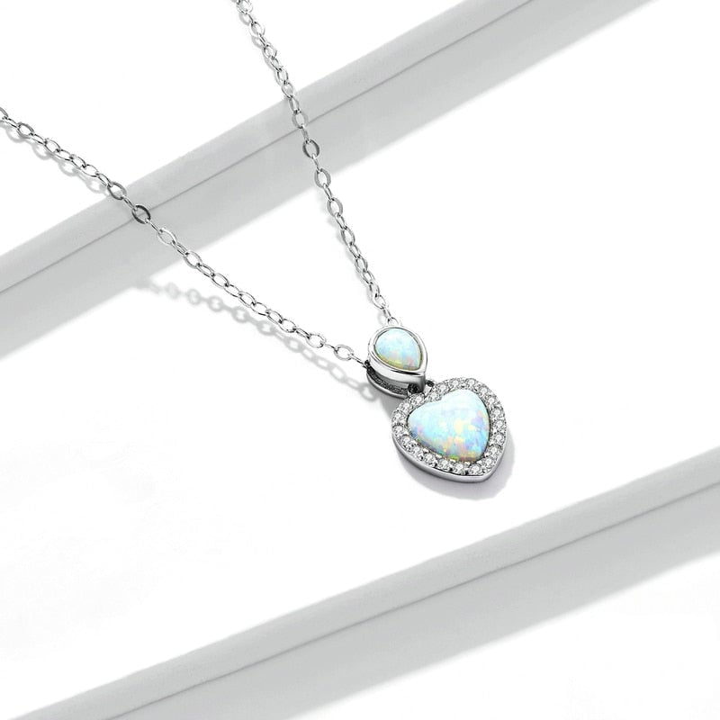 Collier Coeur d'Opale <titolo_esteso><span>en argent 925 plaqué or blanc ajustable avec pierre d'opale et zircons blancs</span></titolo_esteso> - Image 3
