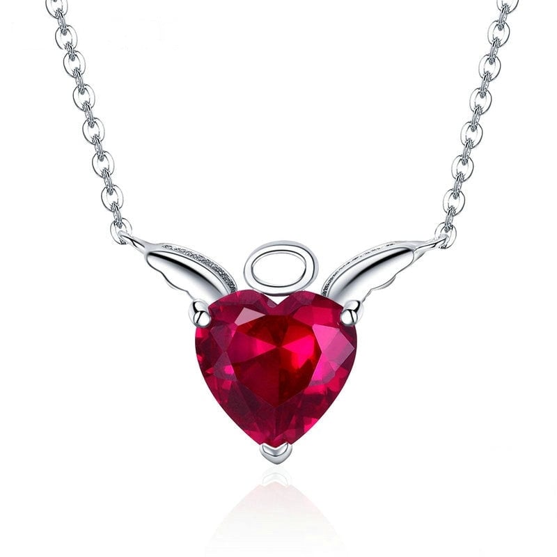 Collier Coeur Rouge <titolo_esteso><span>en argent 925 plaqué or blanc avec avec petites ailes d'ange</span></titolo_esteso>