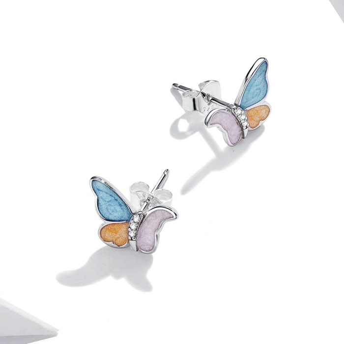 Boucles d'Oreilles Papillons <titolo_esteso><span>en argent 925 plaqué or blanc émaillé à la main avec zircons blancs</span></titolo_esteso> - Image 5