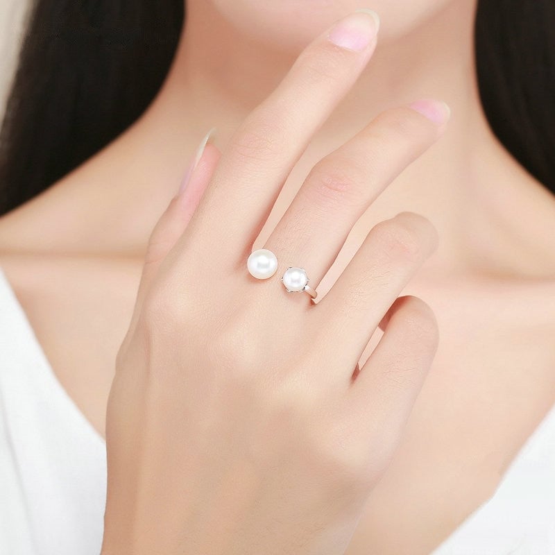 Bague avec Perles <titolo_esteso><span>en argent 925 plaqué or blanc ajustable</span></titolo_esteso> - Image 2