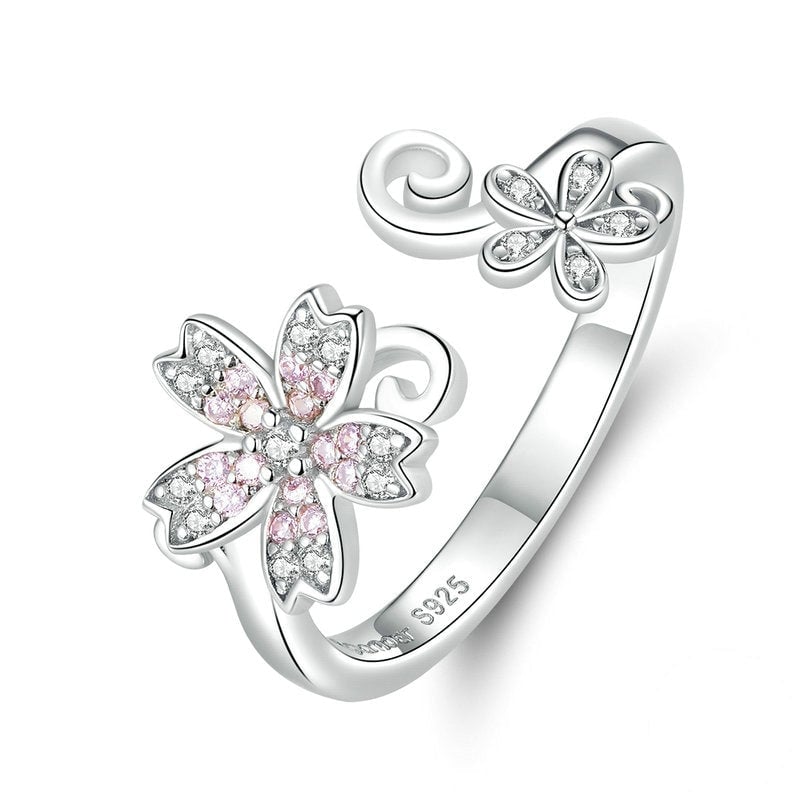 Bague Fleur de Cerisier <titolo_esteso><span>en argent 925 plaqué or blanc ajustable avec zircons blancs et roses</span></titolo_esteso>