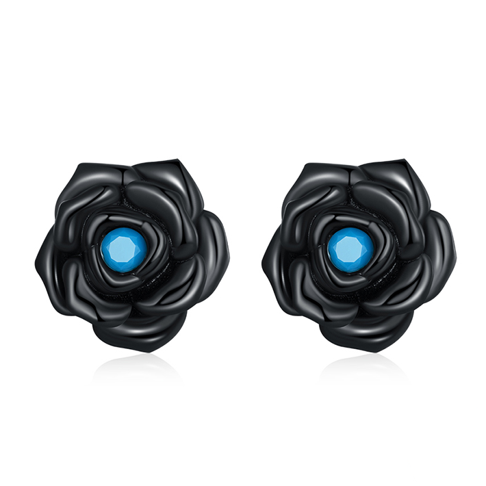 Boucles d'Oreilles Roses Noires <titolo_esteso><span>en argent 925 plaqué noir avec zircons bleus</span></titolo_esteso>
