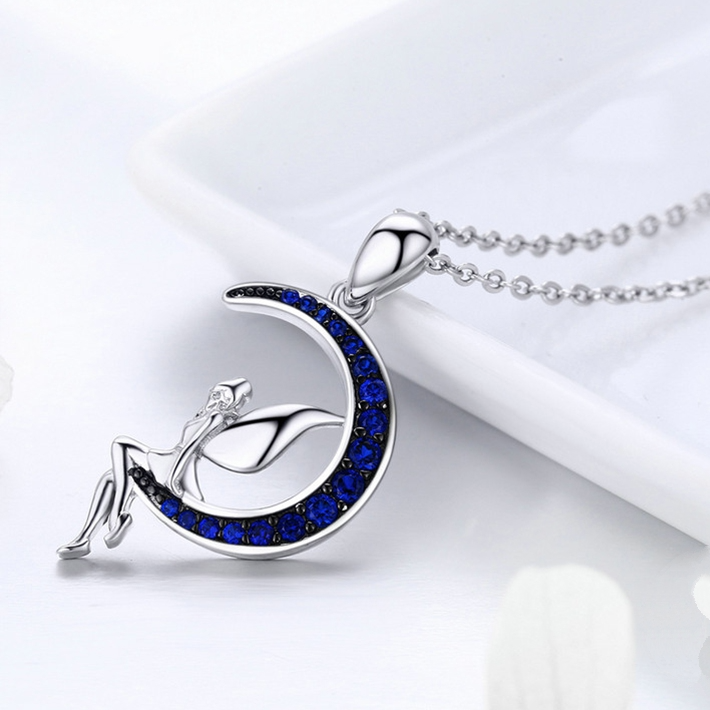 Collier Fée sur la Lune <myopt><span>Argent sterling 925 plaqué or blanc avec zircons bleus et fermoir ajustable</span></myopt> - Image 3