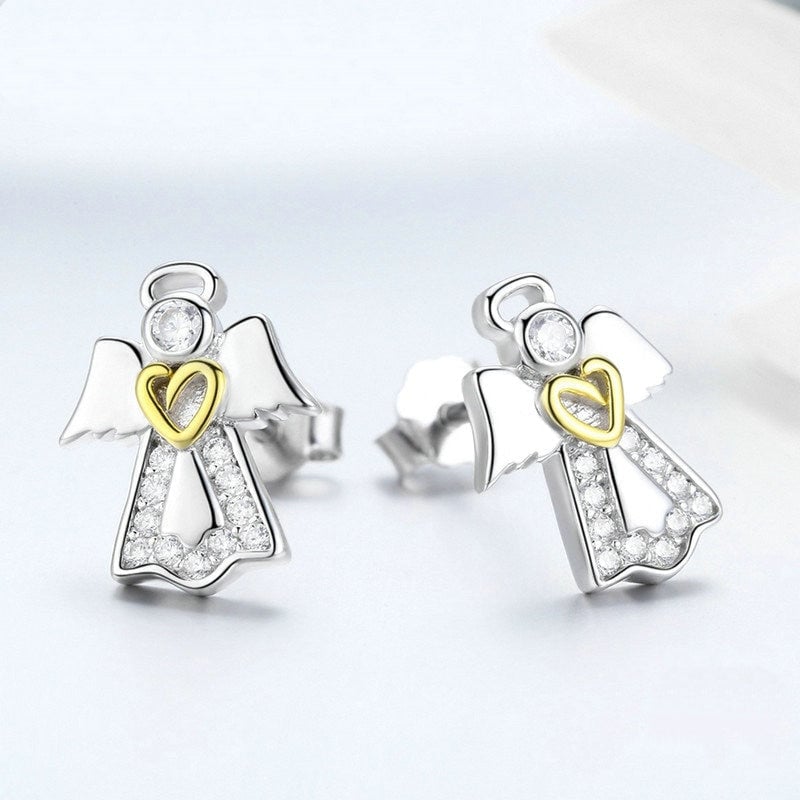Boucles d'oreilles Ange Gardien <titolo_esteso><span>en argent 925 avec pavé de zircons blancs et cœur plaqué or jaune</span></titolo_esteso> - Image 3