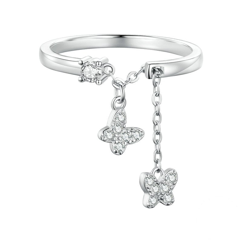 Bague Papillons <titolo_esteso><span>en argent 925 plaqué or blanc ajustable avec pendentifs et zircons blancs</span></titolo_esteso>