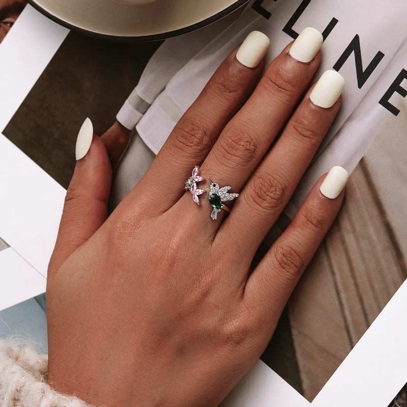 Bague Colibri <titolo_esteso><span>en argent 925 plaqué or blanc ajustable avec zircons colorés</span></titolo_esteso> - Image 2