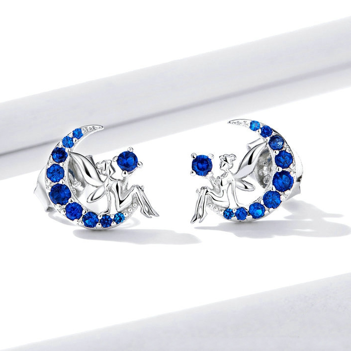 Boucles d’Oreilles Fée sur la Lune <myopt><span>Puces en Argent Sterling 925 plaqué or blanc avec zircons bleus</span></myopt> - Image 3