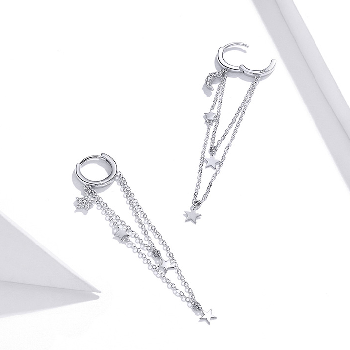 Boucles d'Oreilles Créoles Pendentif Étoiles <titolo_esteso><span>en argent 925 plaqué or blanc avec zircons blancs</span></titolo_esteso> - Image 5