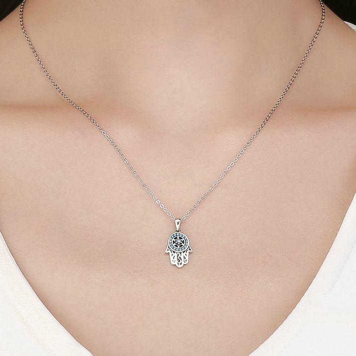 Collier Hamsa Brillant <myopt><span>Argent Sterling 925 plaqué or blanc avec zircons bleus</span></myopt> - Image 2