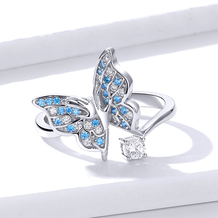 [OOS] Bague Papillon en argent 925 plaqué or blanc ajustable avec pavé de zircons blancs et bleus - Photo 4