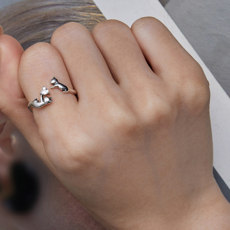 Bague Chats <titolo_esteso><span>en argent 925 plaqué or blanc ajustable avec coeur en zircon blanc</span></titolo_esteso> - Image 5