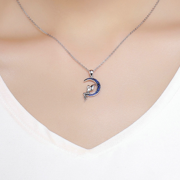 Collier Fée sur la Lune <myopt><span>Argent sterling 925 plaqué or blanc avec zircons bleus et fermoir ajustable</span></myopt> - Image 2