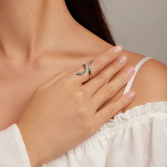 Bague Serpent Vert <titolo_esteso><span>en argent 925 plaqué or blanc ajustable émaillée vert avec zircons verts</span></titolo_esteso> - Image 2