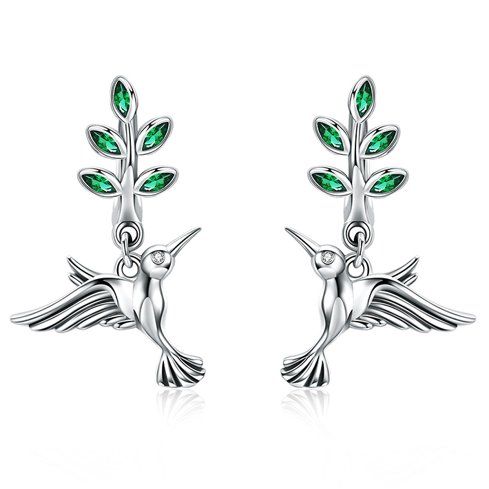 Boucles d’Oreilles Colibri avec Branche d’Olivier <myopt><span>Argent Sterling 925 plaqué or blanc avec zircons verts</span></myopt>